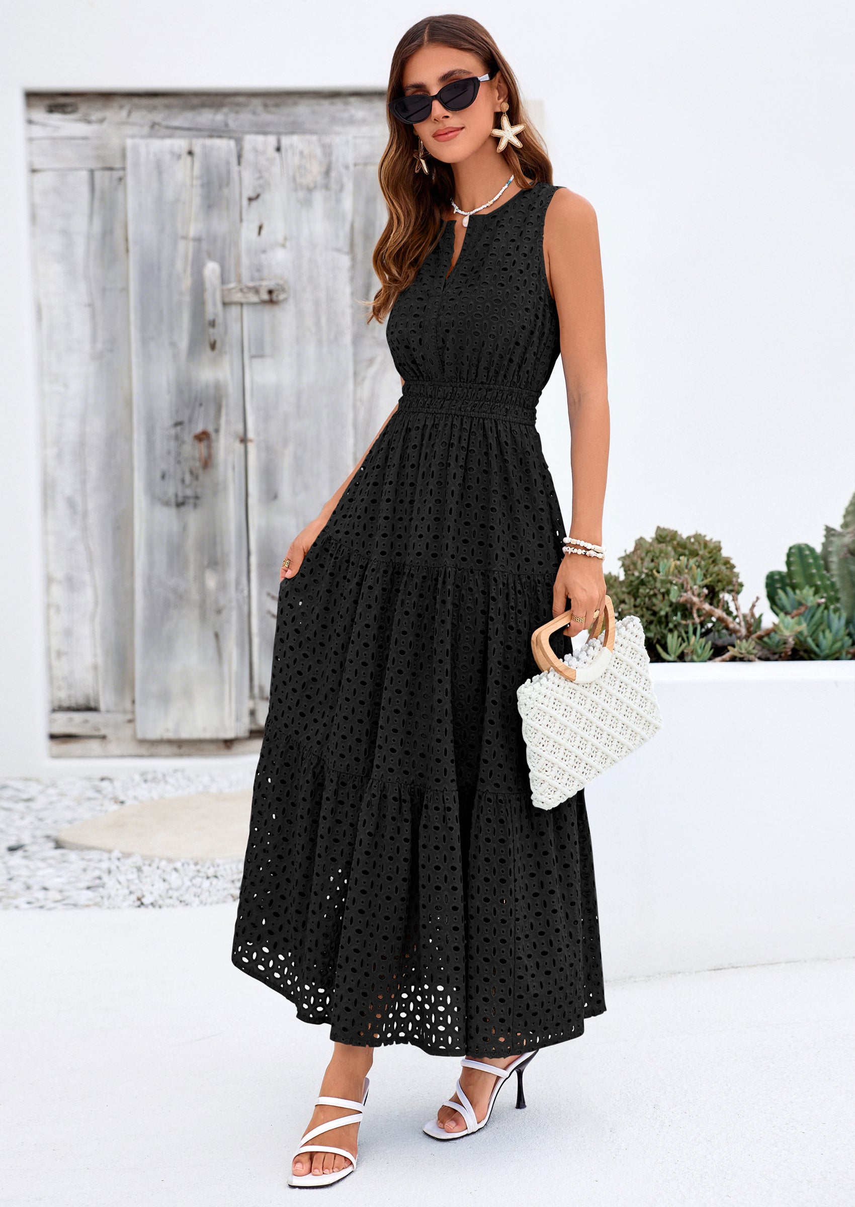 PRETTYGARDEN Summer Dresses for Women Sundresses Sleeveless V Neck Eyelet A Line Flowy Beach Vacation Spring Maxi Dress PRETTYGARDEN