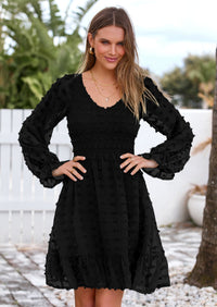 BTFBM Spring Dresses for Women 2026 Long Sleeve Casual V Neck Swiss Dot Smocked Ruffle Chiffon Flowy Mini Summer Dress PRETTYGARDEN