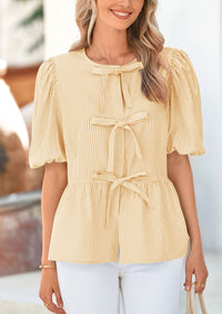 PRETTYGARDEN Women's Tie Front Striped Shirt Summer Trendy Fashion Cute Babydoll Tops Peplum Puffy Sleeve Blouse