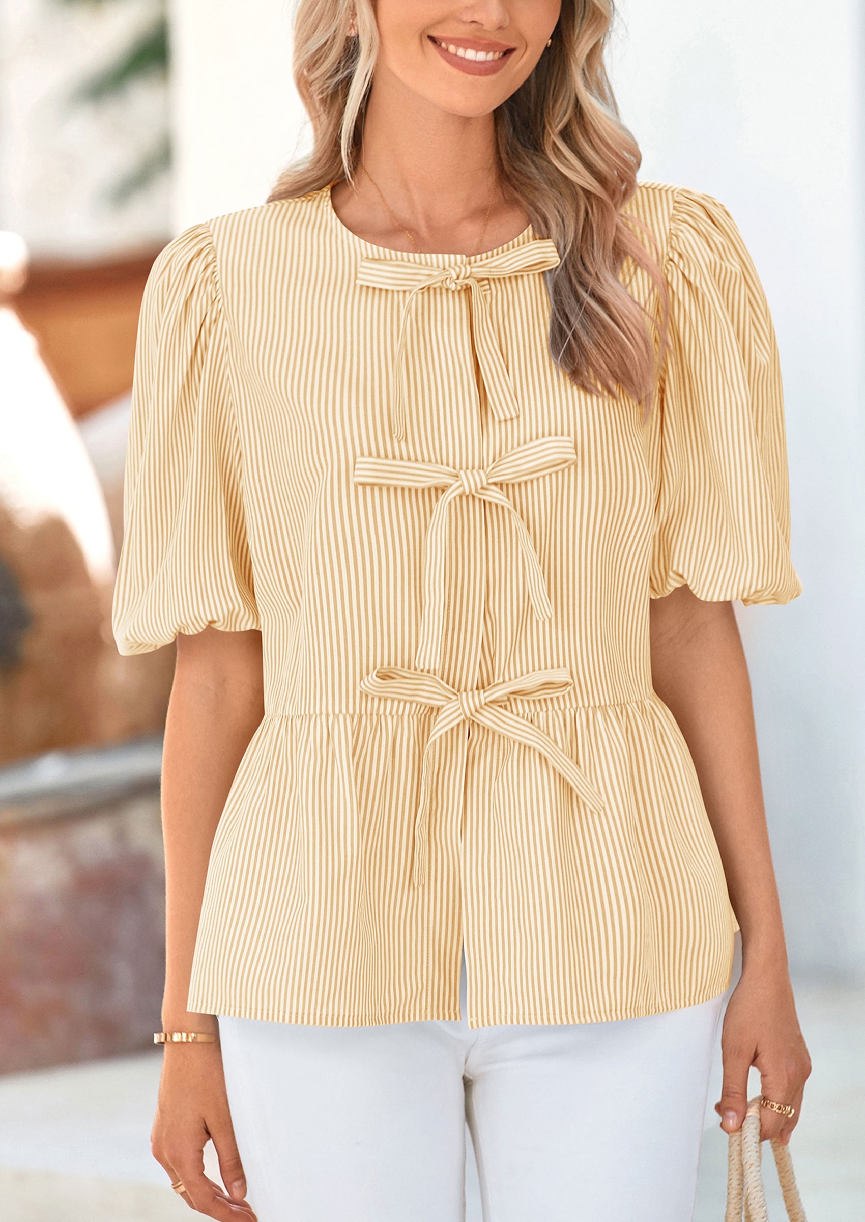 PRETTYGARDEN Women's Tie Front Striped Shirt Summer Trendy Fashion Cute Babydoll Tops Peplum Puffy Sleeve Blouse