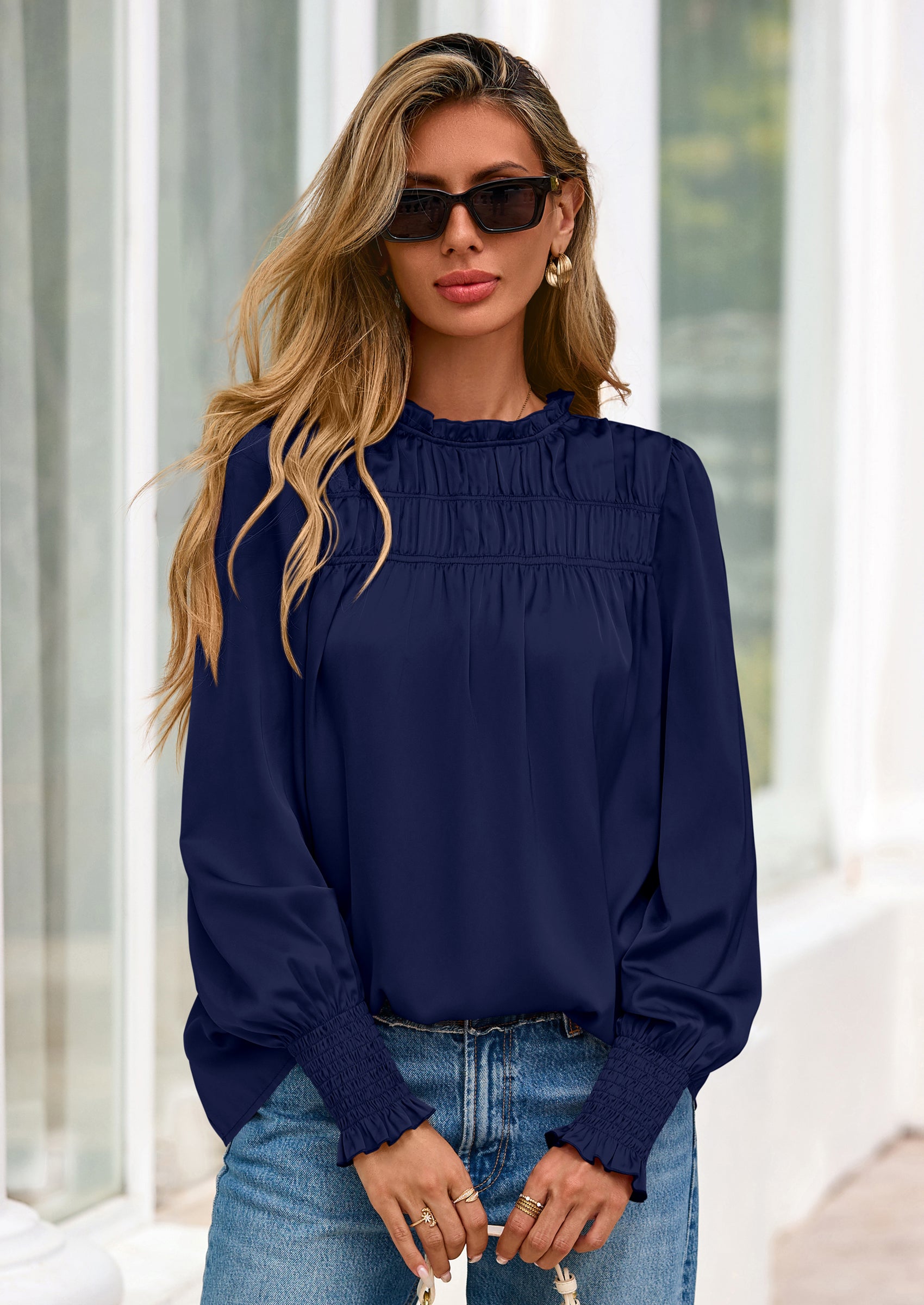 PRETTYGARDEN Blouses for Women Dressy Casual Fall Outfits Frill Neck Long Sleeve Shirts Satin Work Business Casual Tops