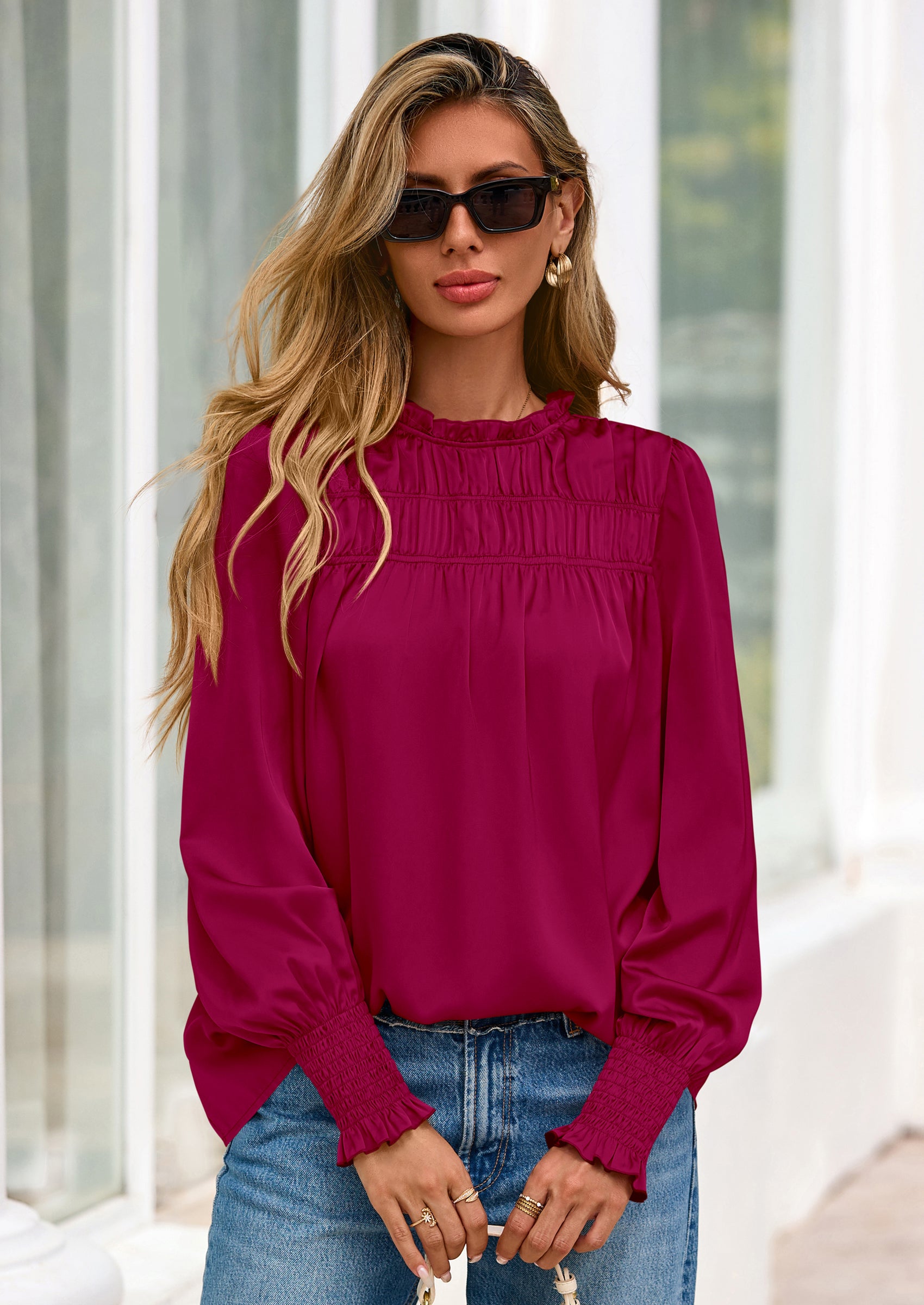 PRETTYGARDEN Blouses for Women Dressy Casual Fall Outfits Frill Neck Long Sleeve Shirts Satin Work Business Casual Tops
