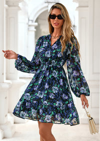 PRETTYGARDEN Women's Fall Boho Dresses Floral Long Sleeve V Neck Mini Flowy Wedding Guest Dress Trendy Vacation Outfits