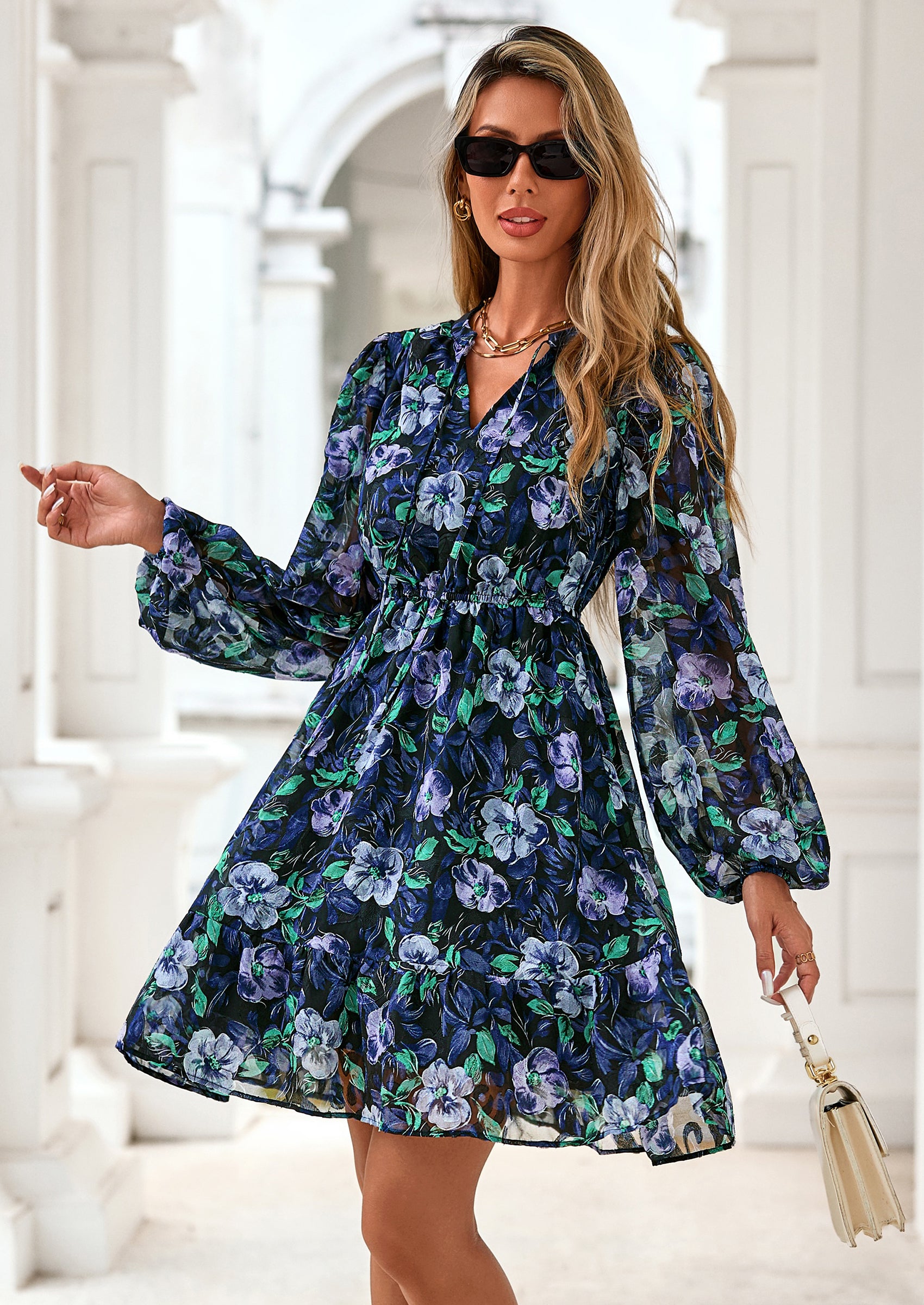 PRETTYGARDEN Women's Fall Boho Dresses Floral Long Sleeve V Neck Mini Flowy Wedding Guest Dress Trendy Vacation Outfits