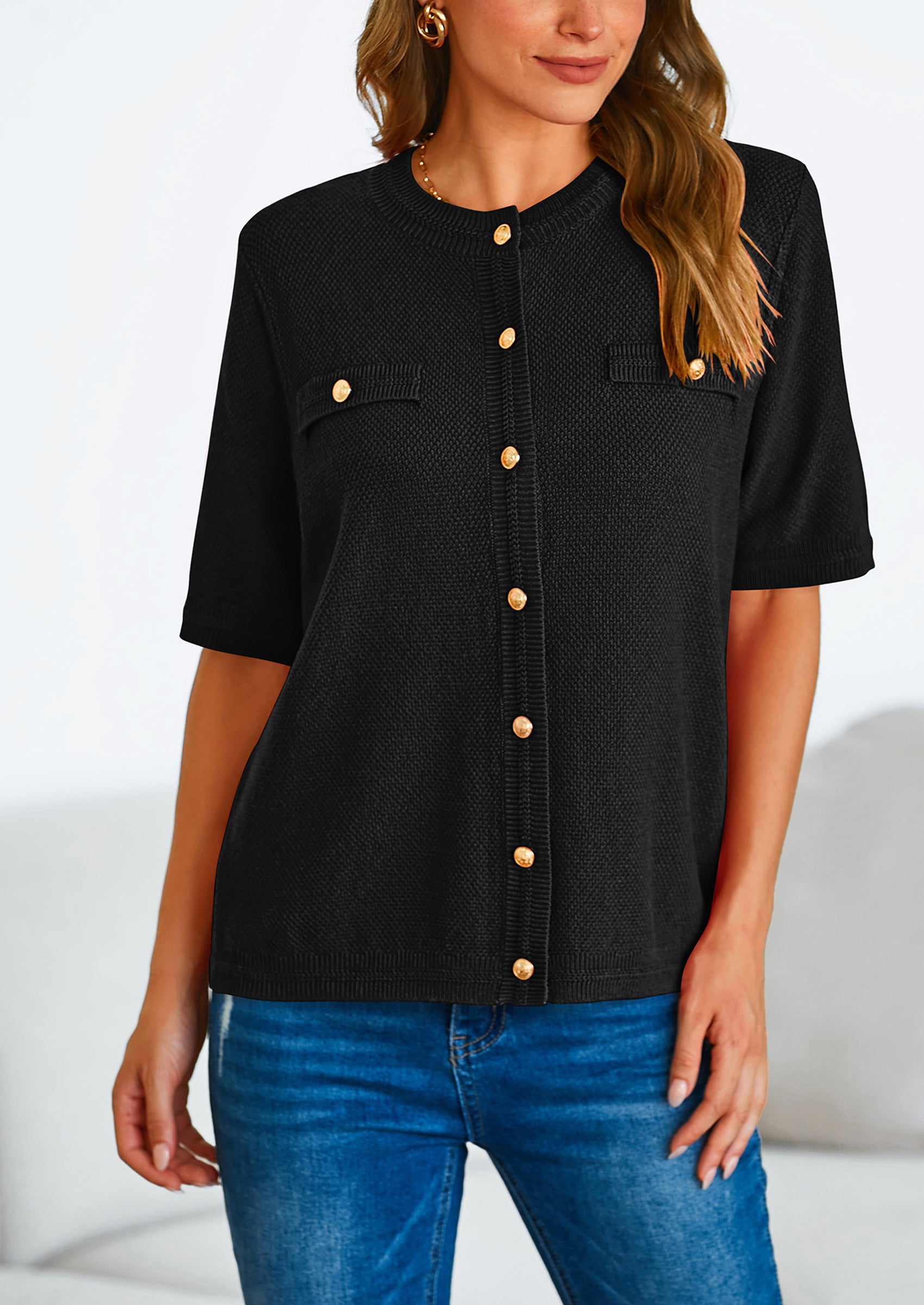 PRETTYGARDEN Women's Summer Button Down Shirts Casual Short Sleeve Crew Neck Ribbed Knit Blouse Top Cardigans