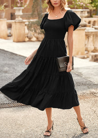 PRETTYGARDEN Women's Summer Casual Midi Dress Puffy Short Sleeve Square Neck Smocked Tiered Ruffle Dresses