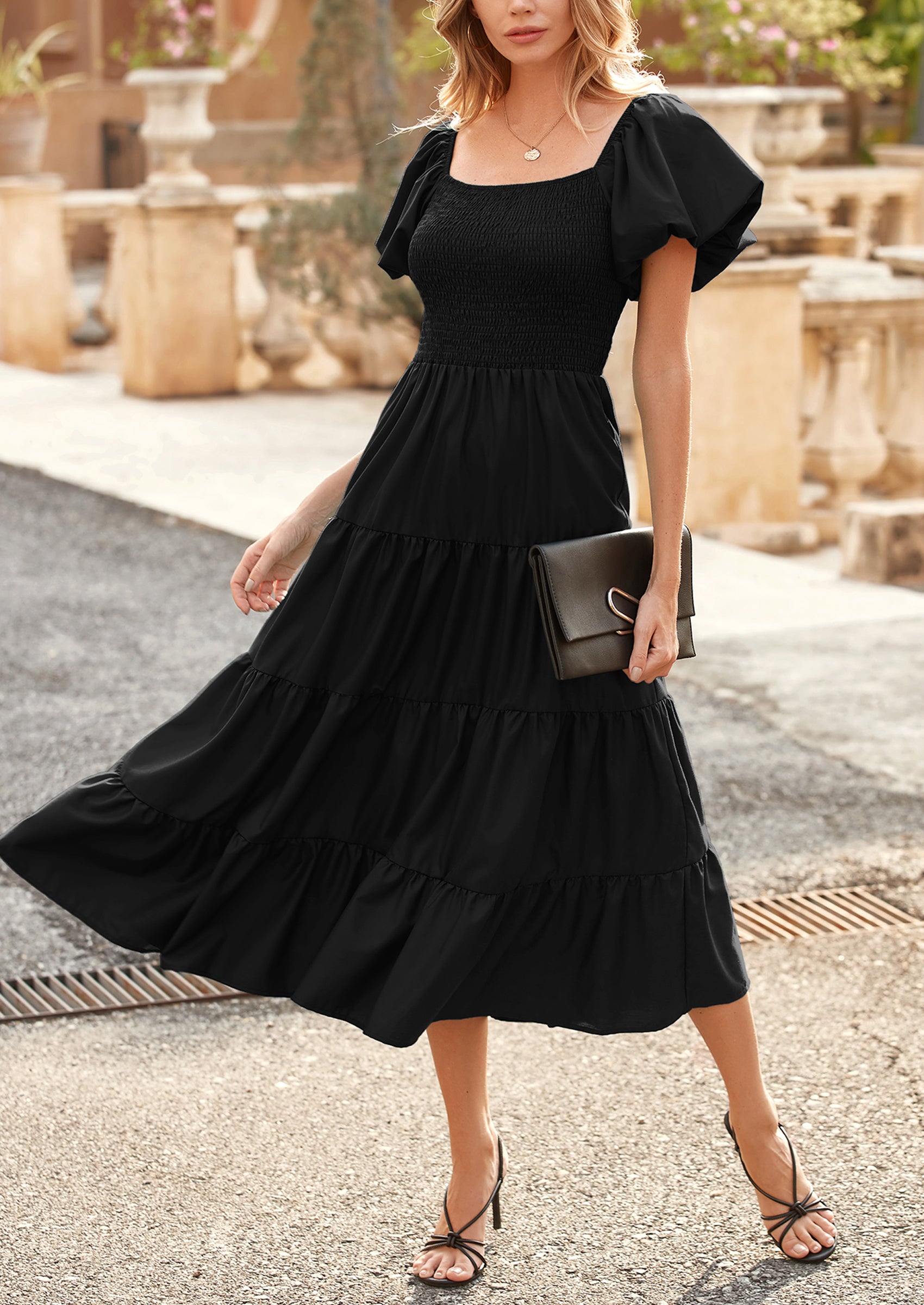 PRETTYGARDEN Women's Summer Casual Midi Dress Puffy Short Sleeve Square Neck Smocked Tiered Ruffle Dresses