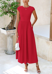 PRETTYGARDEN Women's Casual Long Dresses Cap Sleeve Patchwork A Line Flowy Modest Elegant Homecoming Maxi Dress