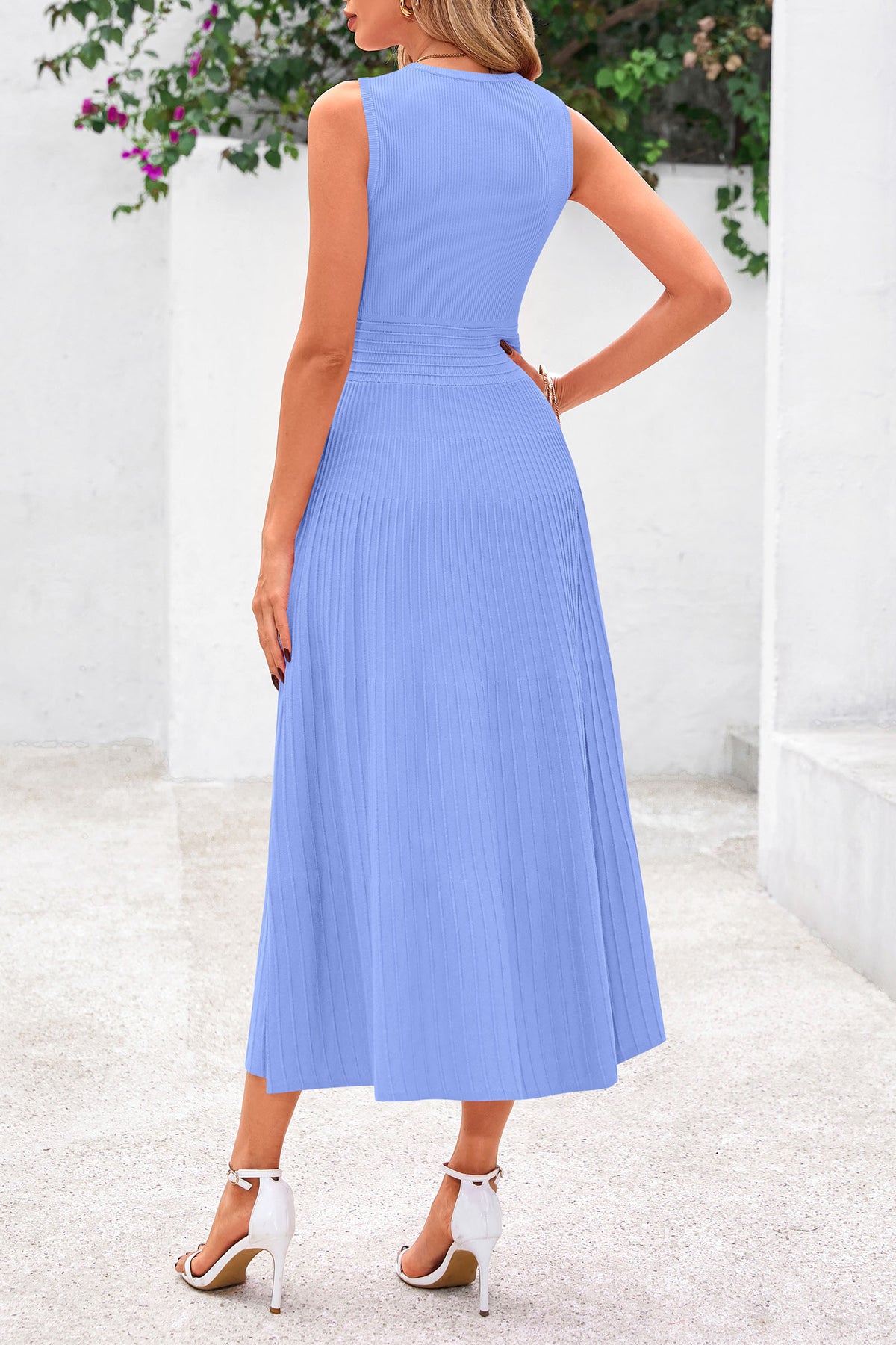 Women's Summer Midi Dresses 2025 Sleeveless Crewneck Knit A Line Pleated Swing Wedding Guest Casual Tank Dress