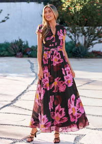 PRETTYGARDEN Womens Summer Maxi Dress V Neck Ruffle Sleeve A Line Floral Cocktail Dresses for Women Beach Vacation Outfits