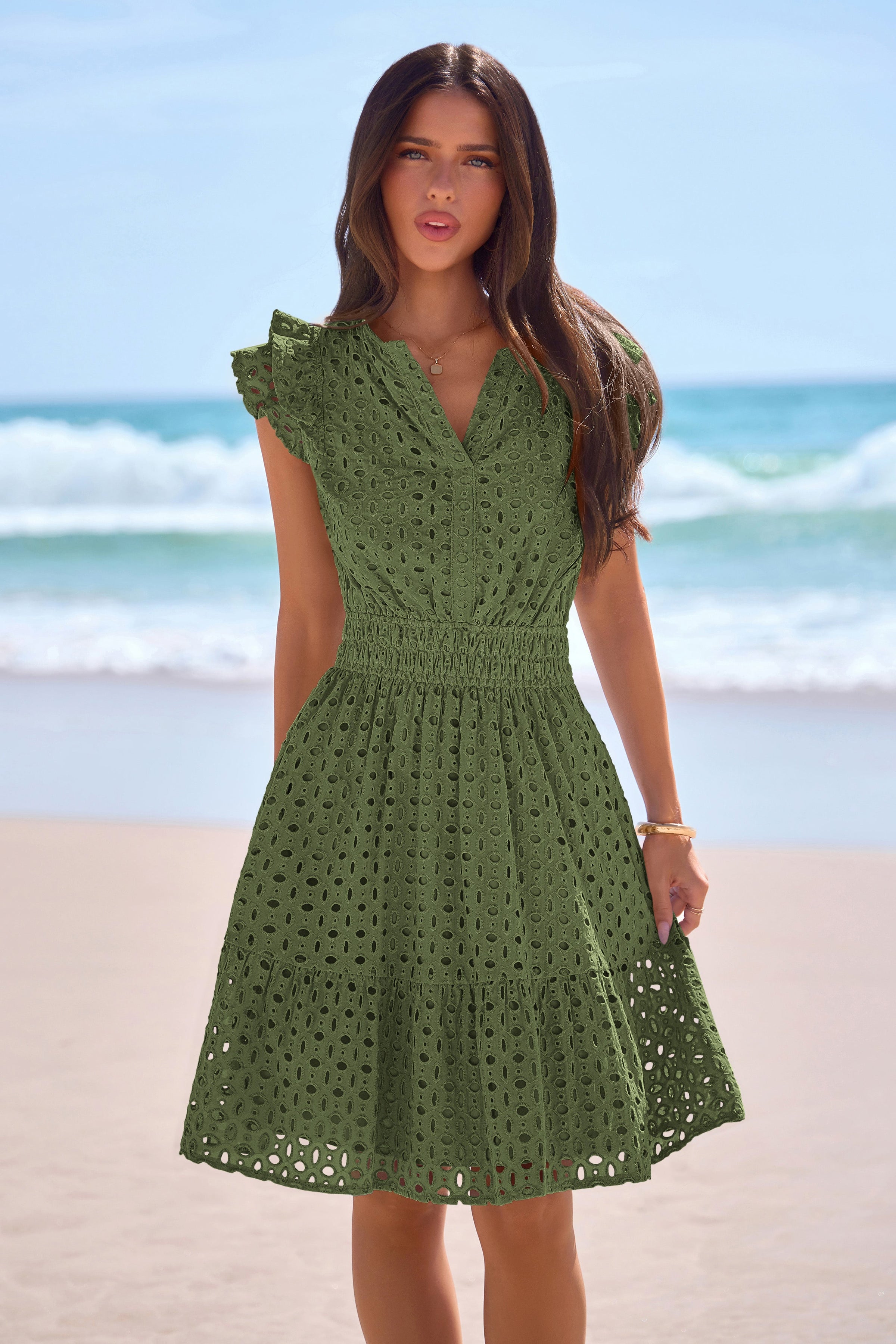 PRETTYGARDEN Women's Summer Sundresses Eyelet Cap Sleeve V Neck Short Boho Wedding Guest Dress Beach Vacation Clothes PRETTYGARDEN