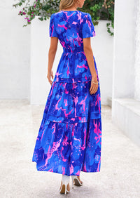 Summer Boho Floral Short Sleeve V Neck A Line Tiered Ruffle Flowy Long Beach Vacation Maxi Dresses