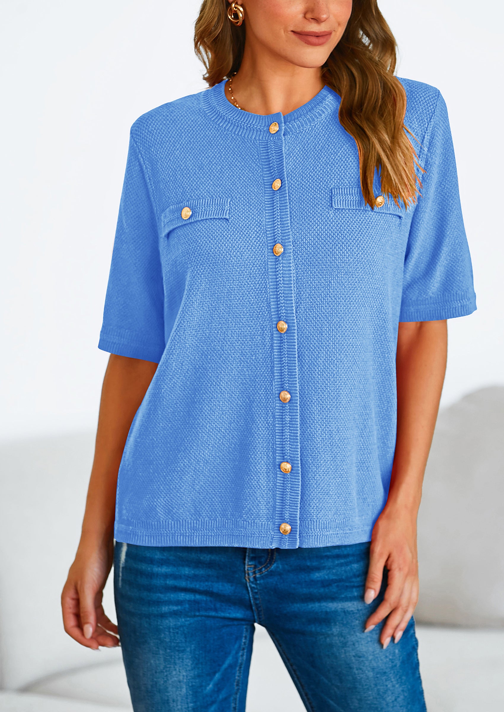 PRETTYGARDEN Women's Summer Button Down Shirts Casual Short Sleeve Crew Neck Ribbed Knit Blouse Top Cardigans