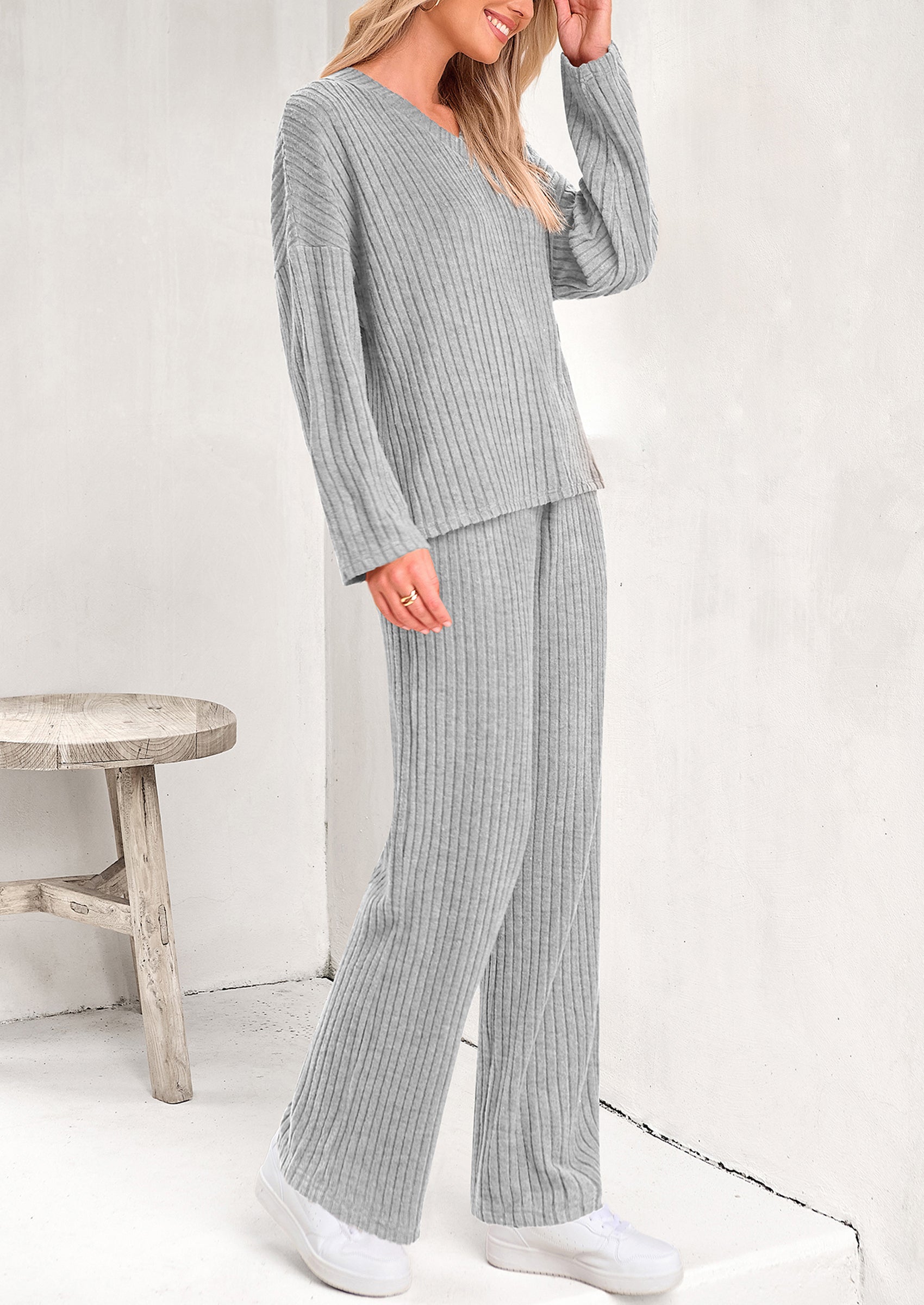 PRETTYGARDEN Women's 2 Piece Lounge Sets Ribbed Knit Long Sleeve V Neck Pullover Tops Wide Leg Pants Spring Fall Outfits