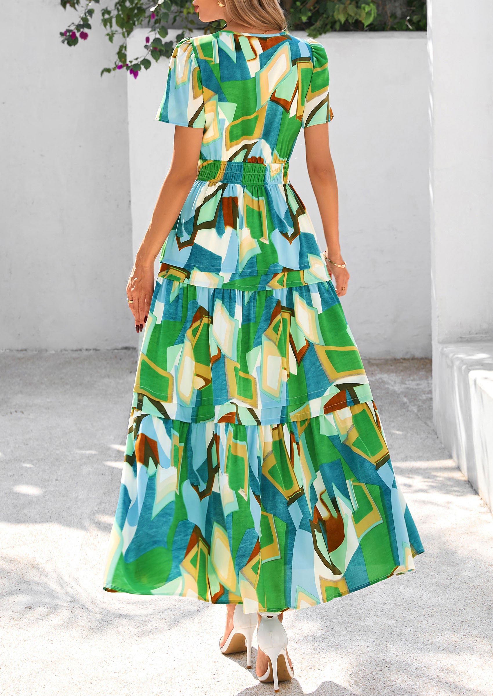 PRETTYGARDEN Women's Boho Maxi Dresses Floral Short Sleeve V Neck A Line Tiered Flowy Long Beach Vacation Dress