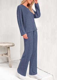 PRETTYGARDEN Women's 2 Piece Lounge Sets Ribbed Knit Long Sleeve V Neck Pullover Tops Wide Leg Pants Spring Fall Outfits