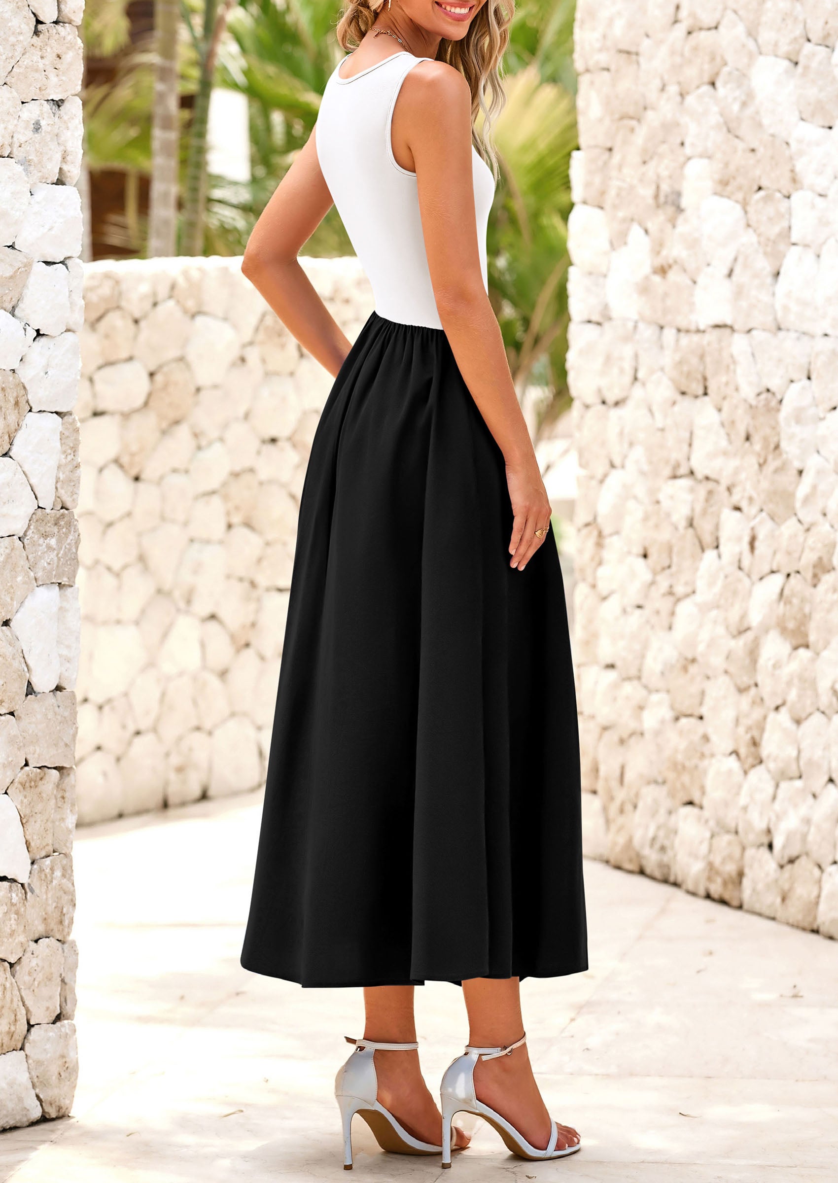 PRETTYGARDEN Women's Maxi Sundress Casual Summer Sleeveless Asymmetrical Drop Waist Patchwork Long Flowy Tank Dresses