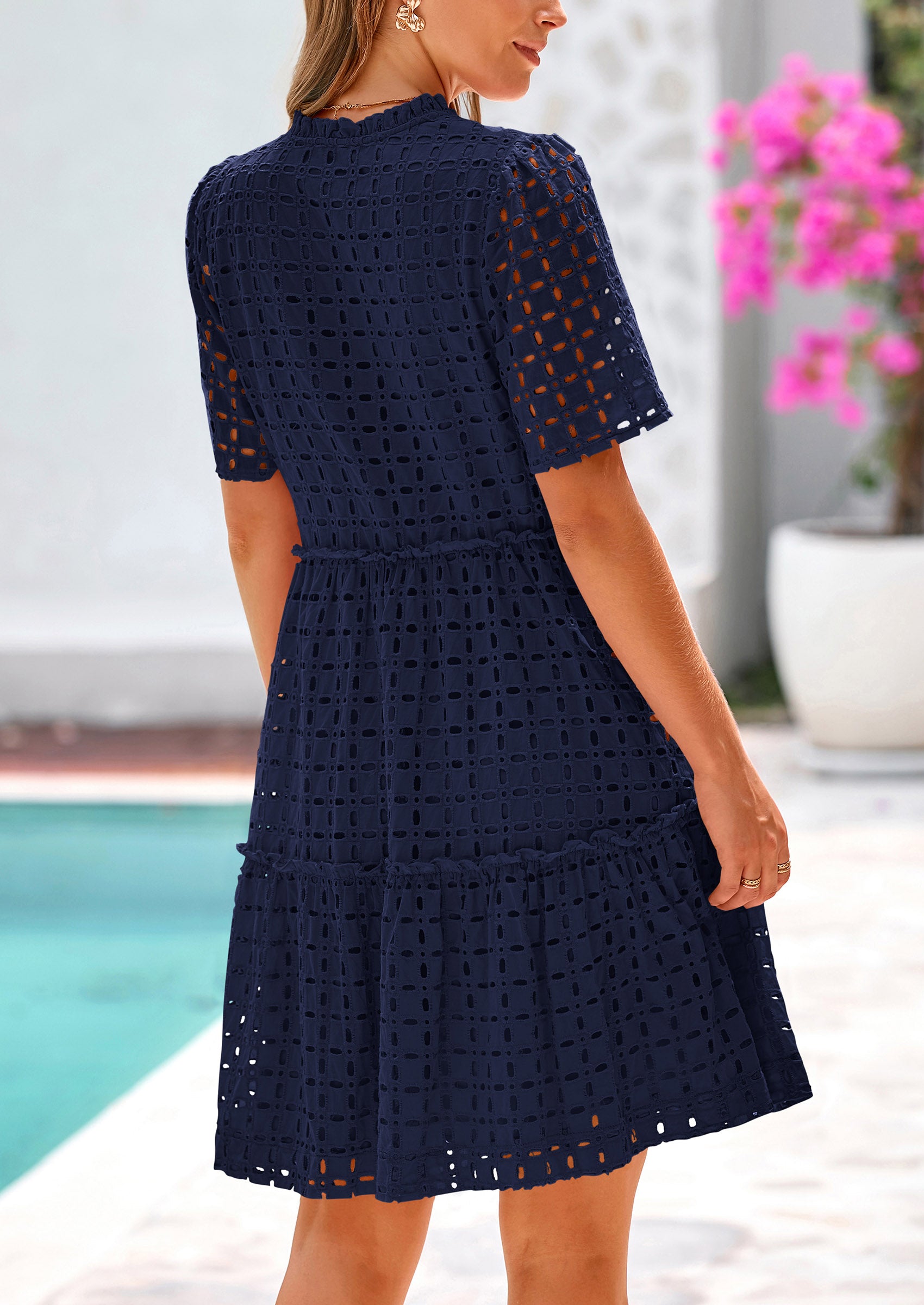 PRETTYGARDEN Women's Short Sleeve Mini Dress Summer V Neck Hollow Out Eyelet Ruffle A Line Swing Short Dresses