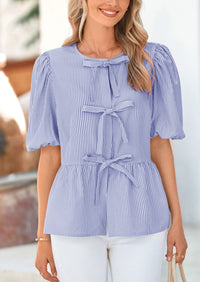PRETTYGARDEN Women's Tie Front Striped Shirt Summer Trendy Fashion Cute Babydoll Tops Peplum Puffy Sleeve Blouse