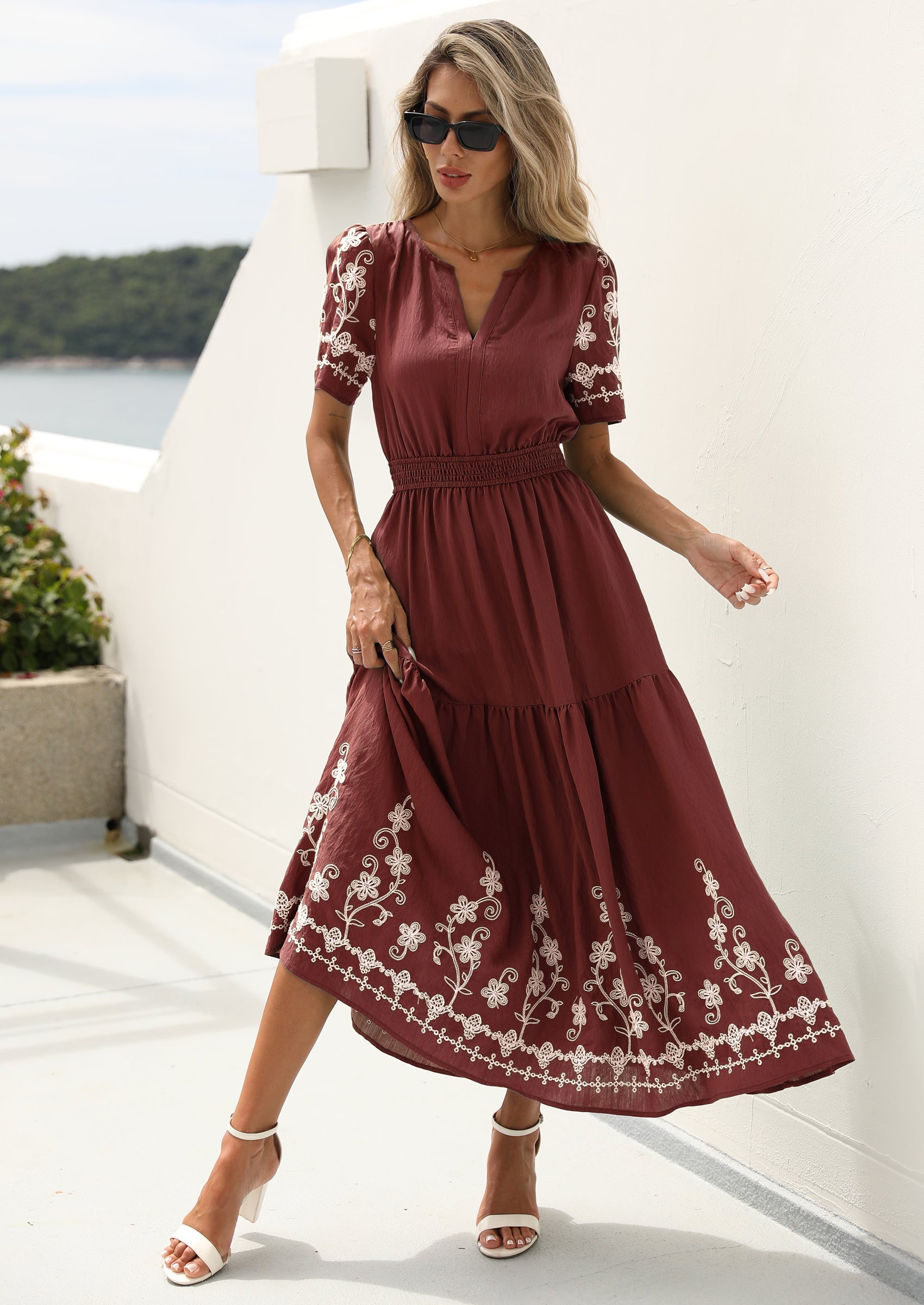 PRETTYGARDEN Women's Summer Boho Maxi Dress Spring Floral Short Sleeve V Neck A Line Flowy Beach Wedding Guest Dresses PRETTYGARDEN