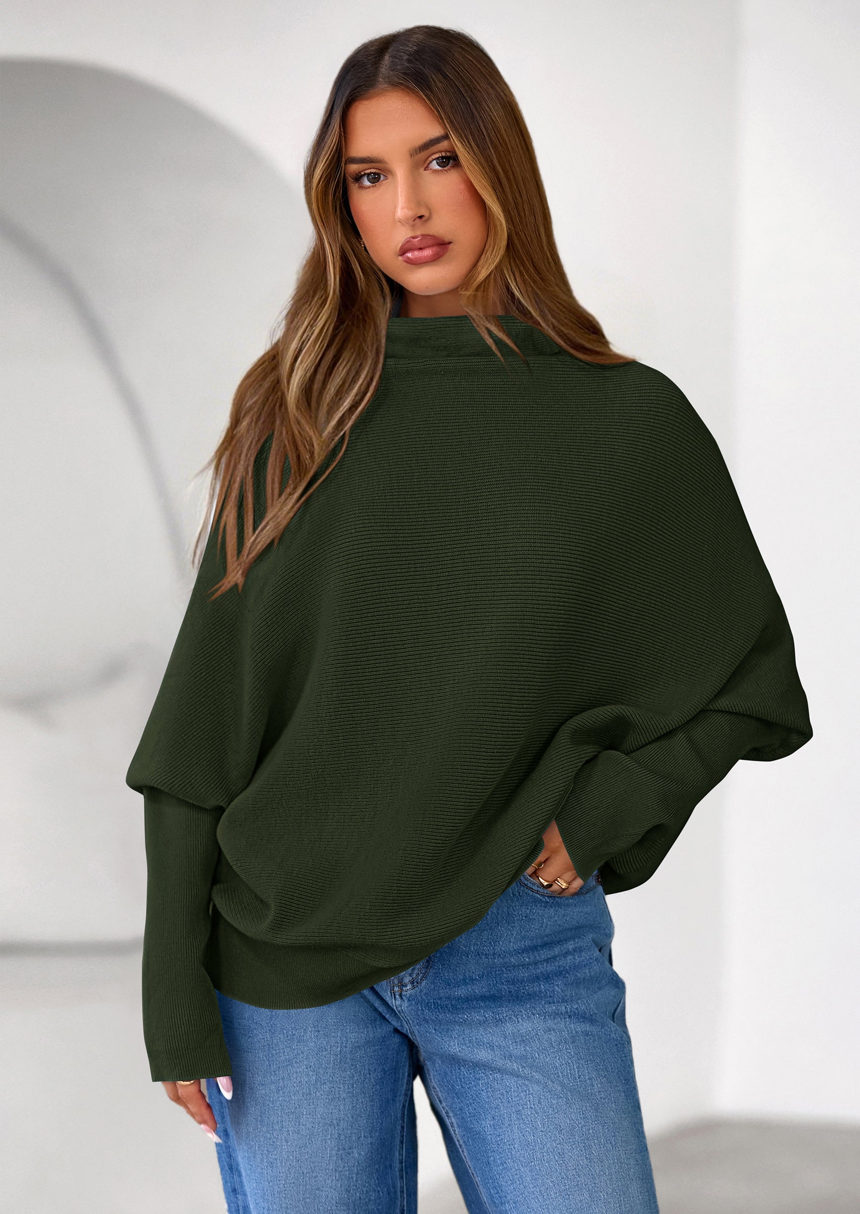 PRETTYGARDEN Womens Sweaters Fall Fashion Casual Loose Turtleneck Batwing Long Sleeve Knit Sweater Pullover Tops