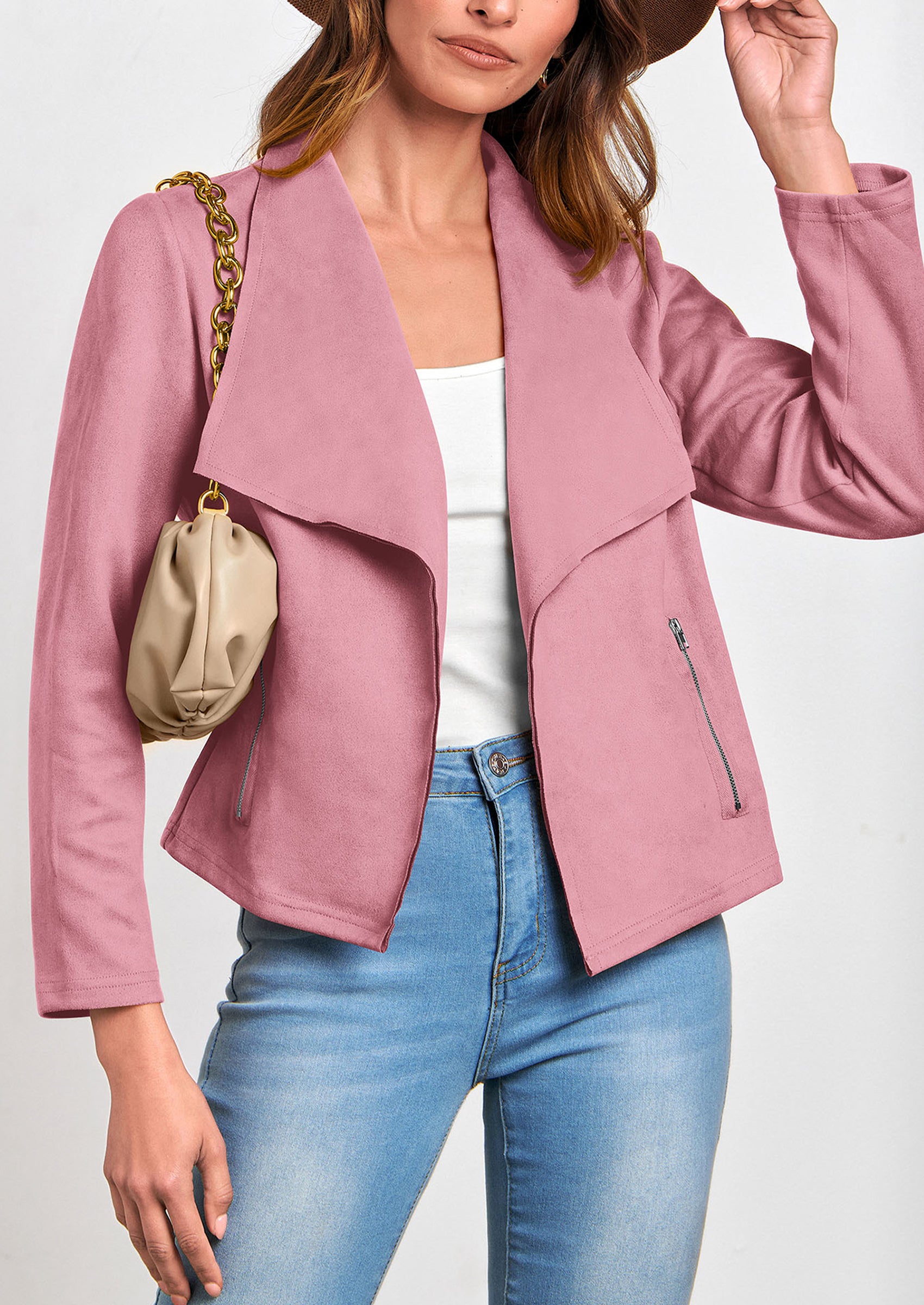 PRETTYGARDEN Women's Faux Suede Jackets Fashion Fall Clothes Long Sleeve Open Front Cropped Coat Outwear