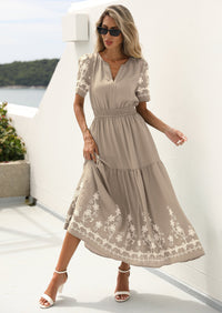 PRETTYGARDEN Women's Summer Boho Maxi Dress Spring Floral Short Sleeve V Neck A Line Flowy Beach Wedding Guest Dresses PRETTYGARDEN