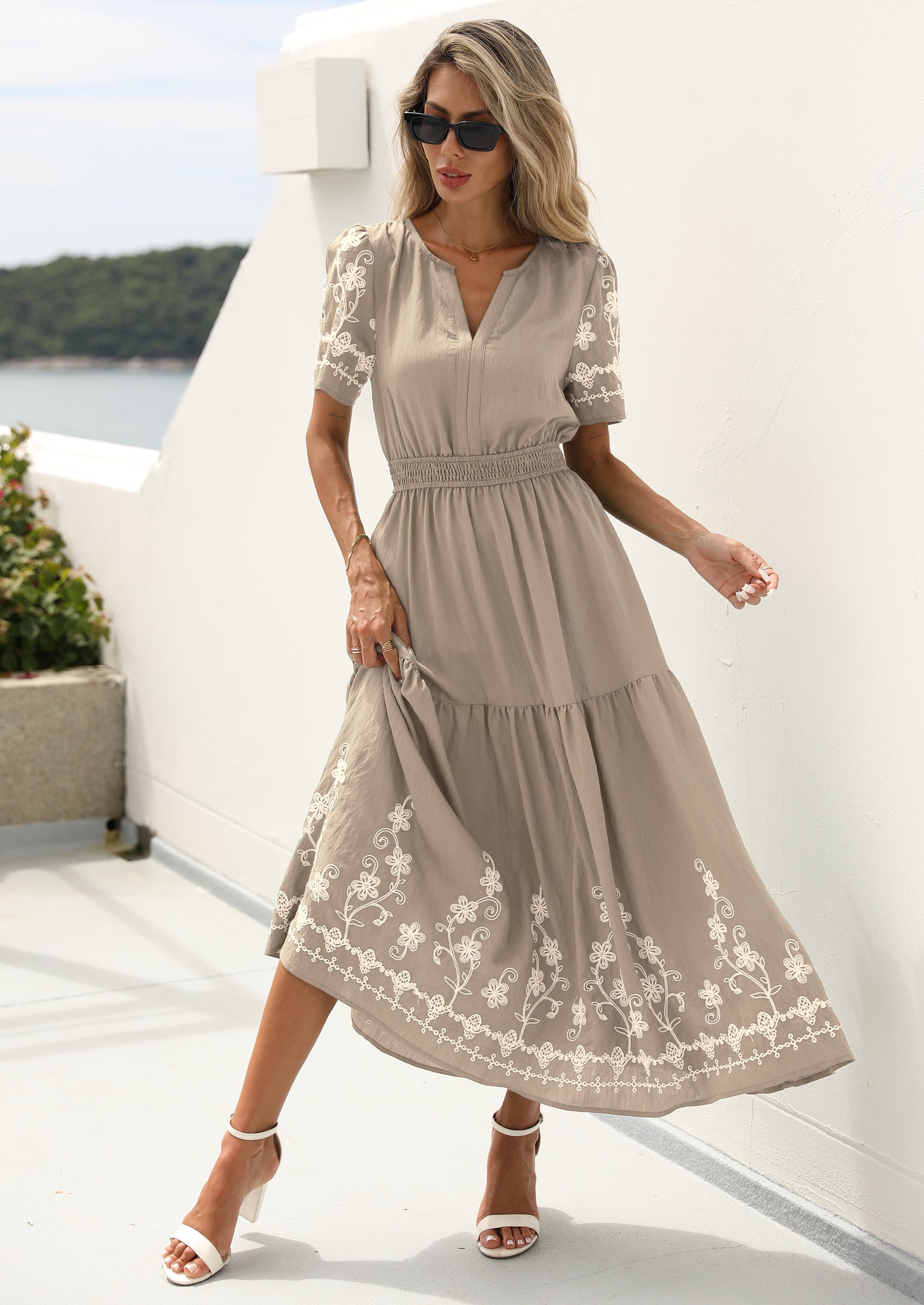PRETTYGARDEN Women's Summer Boho Maxi Dress Spring Floral Short Sleeve V Neck A Line Flowy Beach Wedding Guest Dresses PRETTYGARDEN