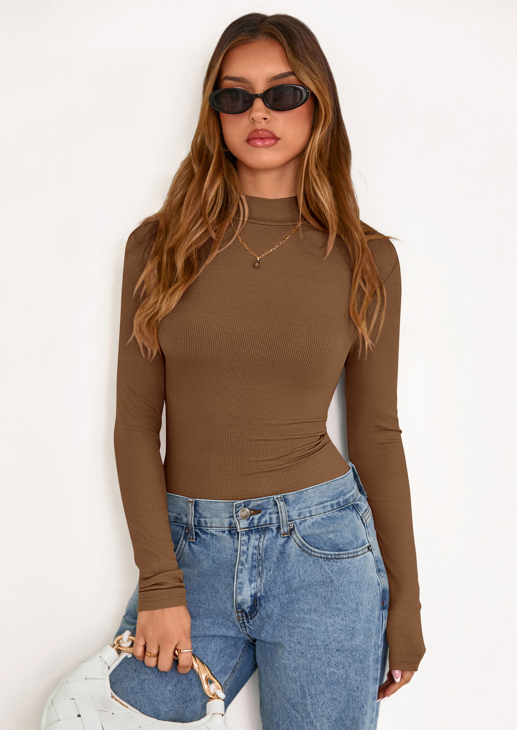 PRETTYGARDEN Women's Turtleneck Long Sleeve Shirts Fall Basic Tees Ribbed Fitted Tops Thermal Layering Knit Top Clothes