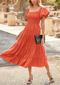 PRETTYGARDEN Women's Summer Casual Midi Dress Puffy Short Sleeve Square Neck Smocked Tiered Ruffle Dresses