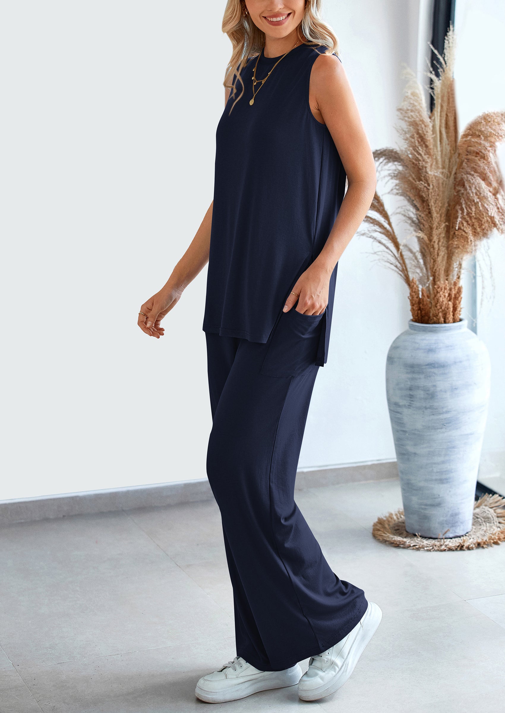 PRETTYGARDEN 2 Piece Set Loose Tank Top Wide Leg Pants Casual Matching Outfits Tracksuit