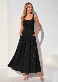 PRETTYGARDEN Womens Summer Maxi Dresses Casual Sleeveless Square Neck Jacquard Flowy Wedding Guest Beach Boho Long Dress