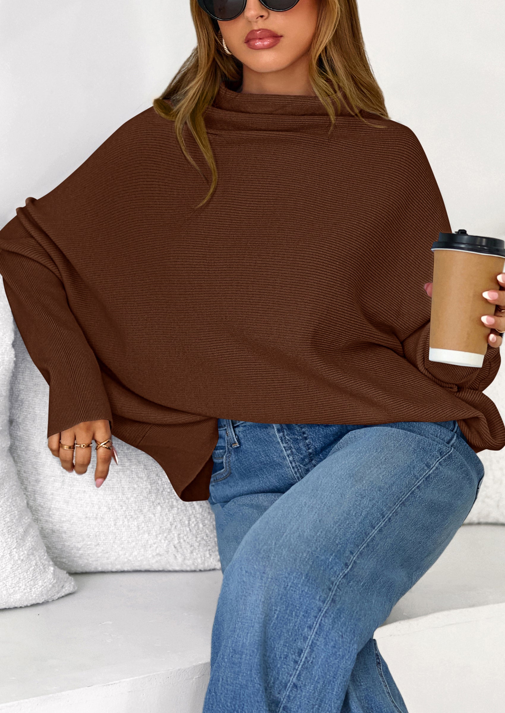 PRETTYGARDEN Womens Sweaters Fall Fashion Casual Loose Turtleneck Batwing Long Sleeve Knit Sweater Pullover Tops