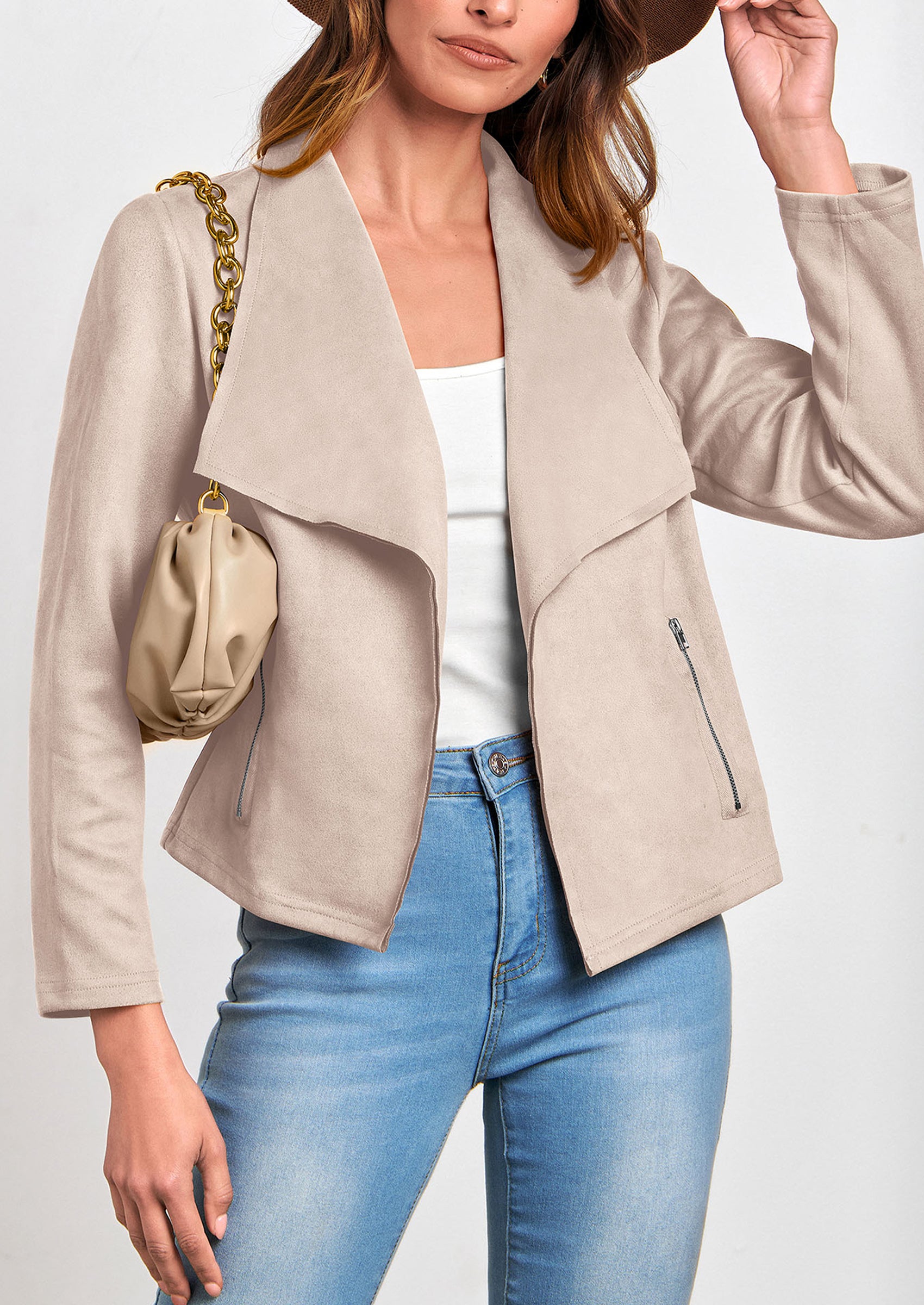 PRETTYGARDEN Women's Faux Suede Jackets Fashion Fall Clothes Long Sleeve Open Front Cropped Coat Outwear