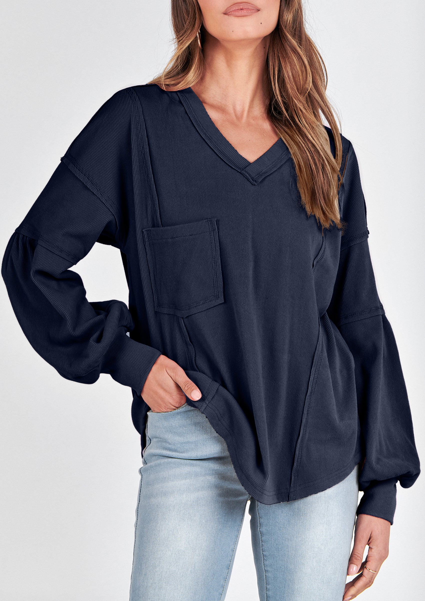 BTFBM Women's Ribbed Long Sleeve Tops Summer Spring Pullover Knit Casual V Neck Blouses Trendy Loose Fit Tunic Top