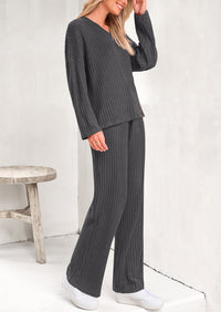 PRETTYGARDEN Women's 2 Piece Lounge Sets Ribbed Knit Long Sleeve V Neck Pullover Tops Wide Leg Pants Spring Fall Outfits