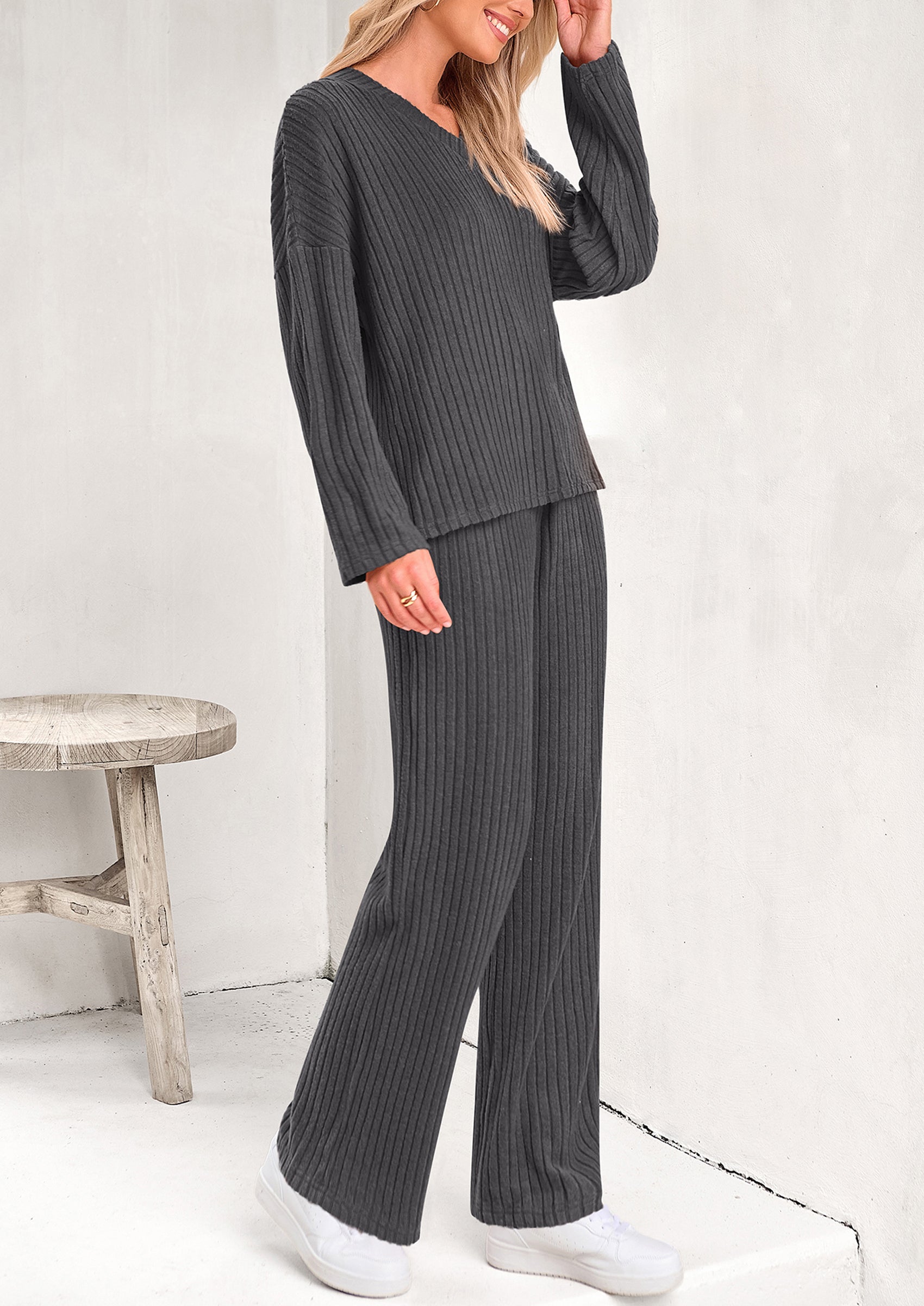 PRETTYGARDEN Women's 2 Piece Lounge Sets Ribbed Knit Long Sleeve V Neck Pullover Tops Wide Leg Pants Spring Fall Outfits