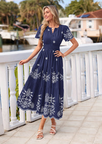 PRETTYGARDEN Boho Dresses for Women Summer Spring Casual Floral Short Sleeve V Neck Maxi Elastic Waist Dress Pockets