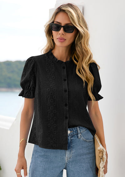 PRETTYGARDEN Womens Puff Short Sleeve Tops Summer Spring Button Down Boho Embroidered Cute Blouse Dressy Casual Shirts
