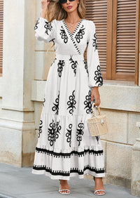 PRETTYGARDEN Women's Fall Wedding Guest Dresses Boho Floral Long Sleeve V Neck Flowy Elegant Maxi Dress Beach Clothes