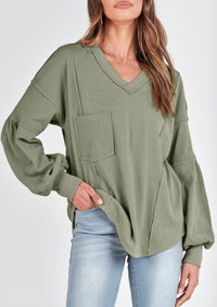 BTFBM Women's Ribbed Long Sleeve Tops Summer Spring Pullover Knit Casual V Neck Blouses Trendy Loose Fit Tunic Top