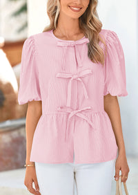 PRETTYGARDEN Women's Tie Front Striped Shirt Summer Trendy Fashion Cute Babydoll Tops Peplum Puffy Sleeve Blouse