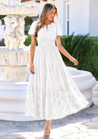 PRETTYGARDEN Womens Boho Maxi Dress Floral Summer Spring Short Sleeve V Neck A Line Embroidered Beach Vacation Dresses