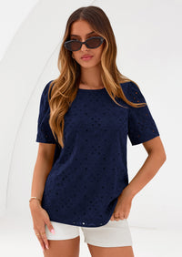 PRETTYGARDEN Women's Puff Short Sleeve Eyelet Shirts Summer Lace Blouses Dressy Casual Work Tops Spring Teacher Clothes PRETTYGARDEN