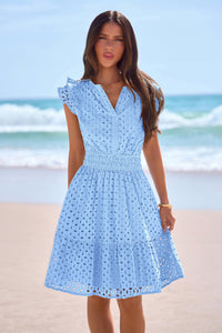 PRETTYGARDEN Women's Summer Sundresses Eyelet Cap Sleeve V Neck Short Boho Wedding Guest Dress Beach Vacation Clothes PRETTYGARDEN