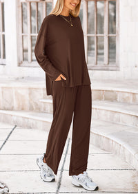 PRETTYGARDEN Women's Two Piece Lounge Sets Matching Long Sleeve Shirts Wide Leg Pants Tracksuits Travel Outfits Fall Clothes