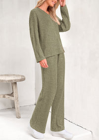 PRETTYGARDEN Women's 2 Piece Lounge Sets Ribbed Knit Long Sleeve V Neck Pullover Tops Wide Leg Pants Spring Fall Outfits