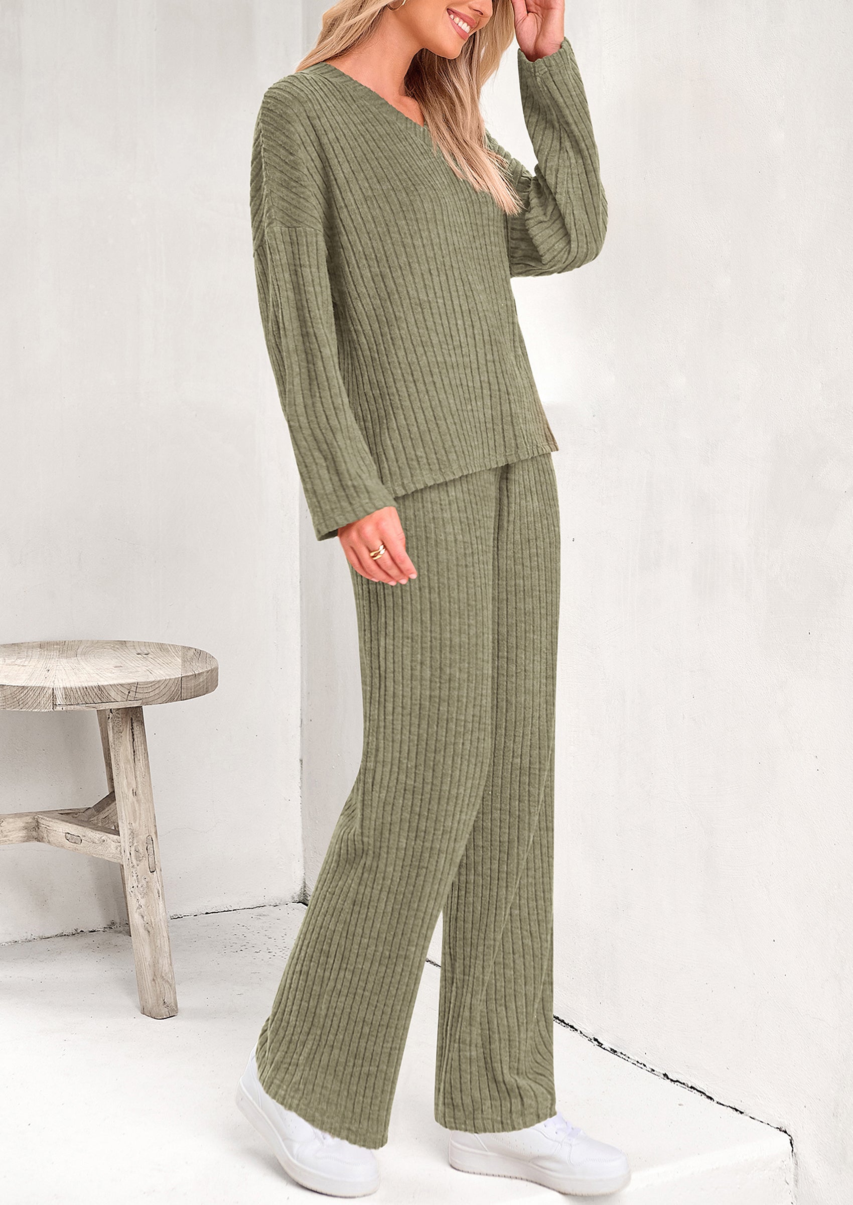 PRETTYGARDEN Women's 2 Piece Lounge Sets Ribbed Knit Long Sleeve V Neck Pullover Tops Wide Leg Pants Spring Fall Outfits