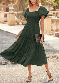 PRETTYGARDEN Women's Summer Casual Midi Dress Puffy Short Sleeve Square Neck Smocked Tiered Ruffle Dresses
