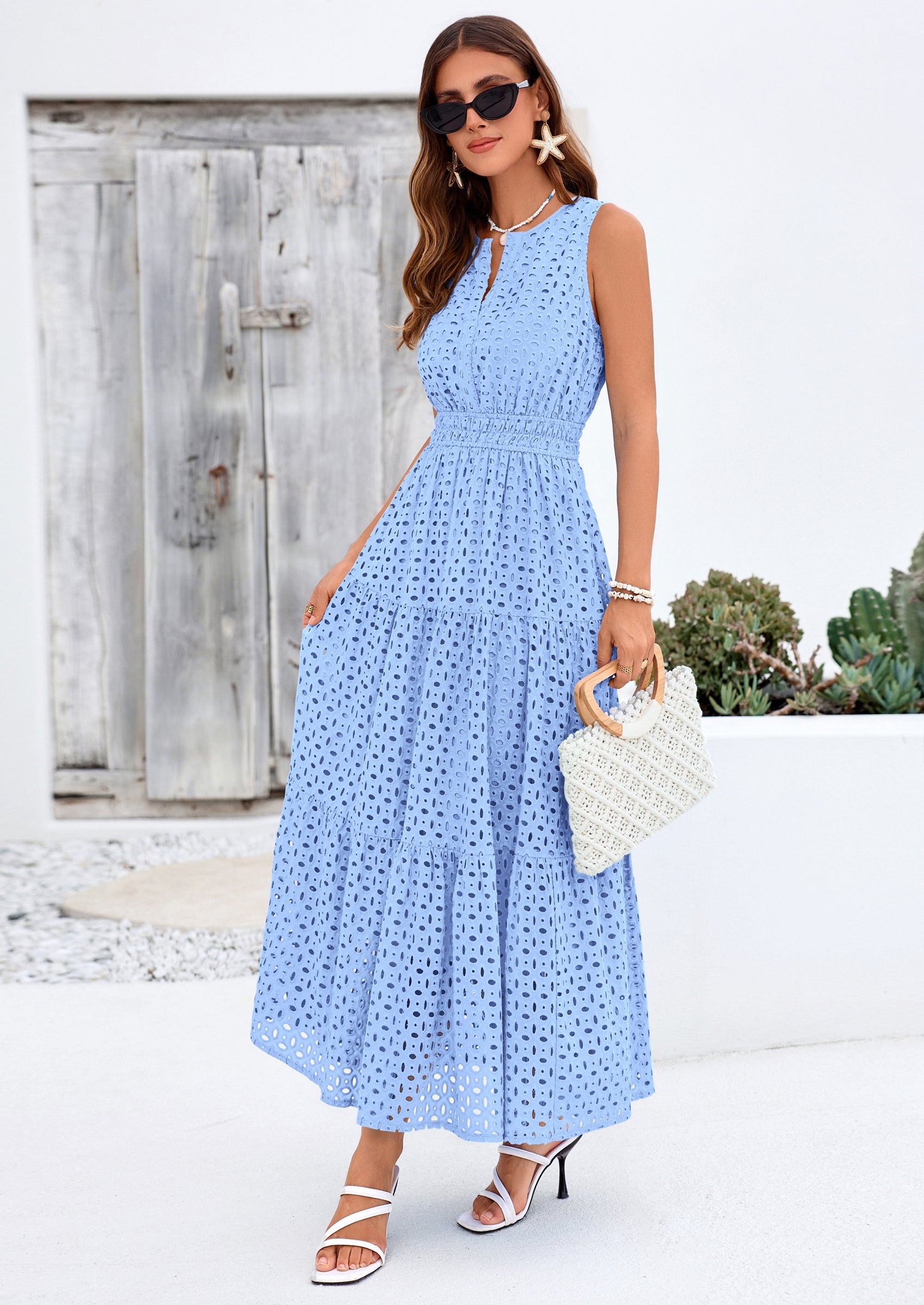 PRETTYGARDEN Summer Dresses for Women Sundresses Sleeveless V Neck Eyelet A Line Flowy Beach Vacation Spring Maxi Dress PRETTYGARDEN